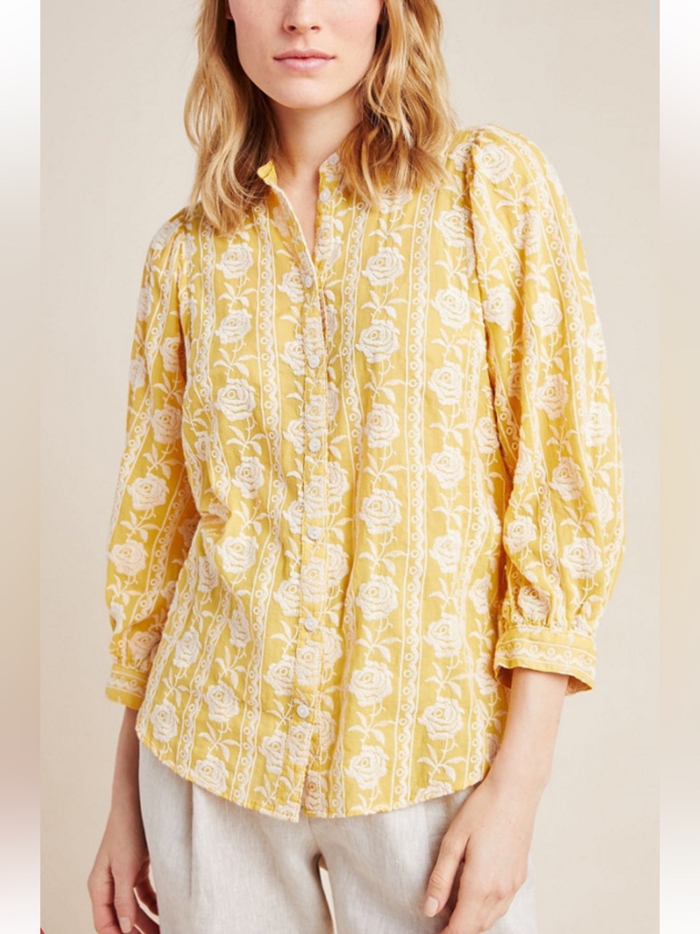 NWT Pilcro Anthropologie Plus Yellow Motif The Bella Femme Button Down Too Sz 1X